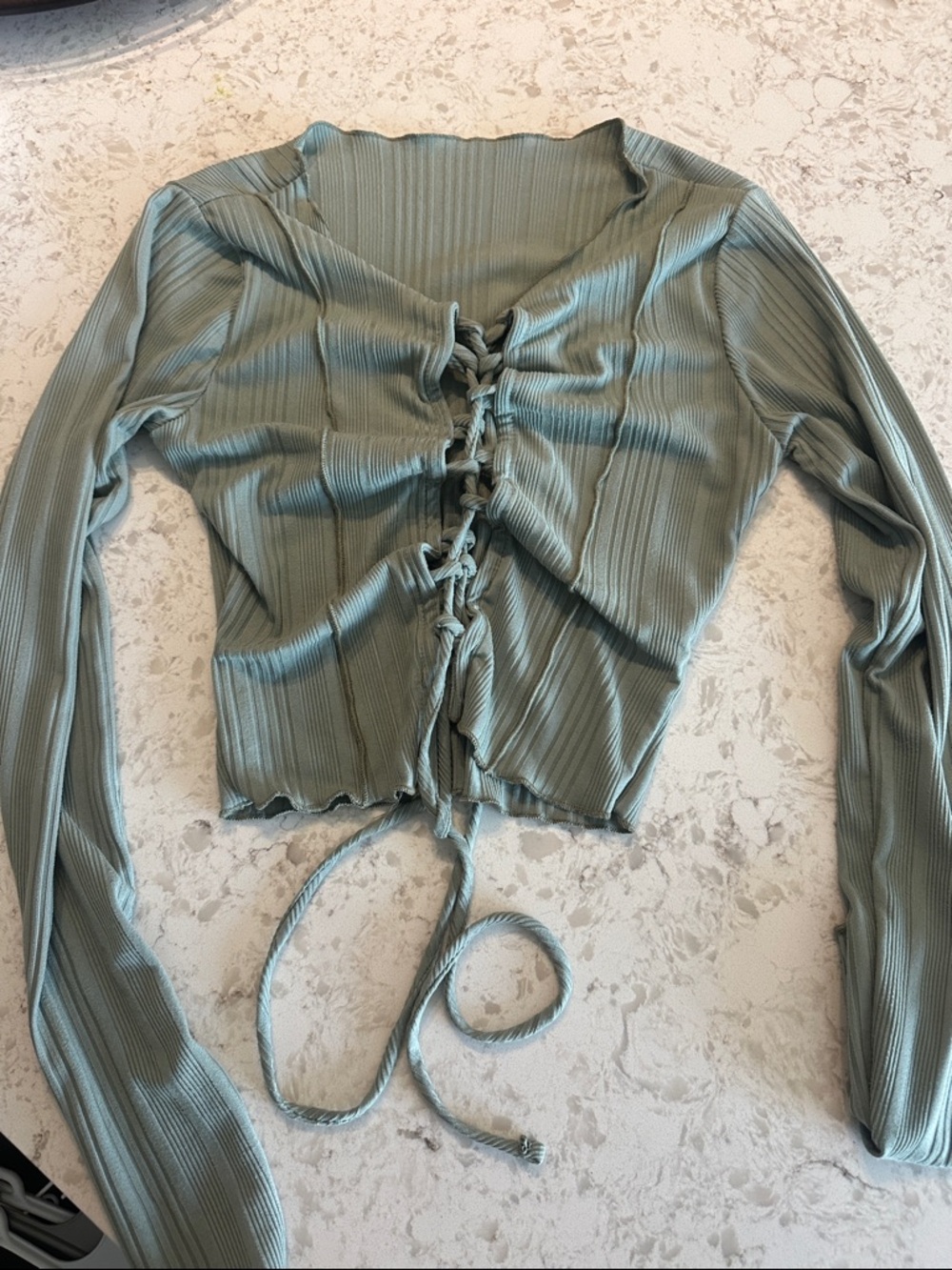 SHEIN Sage Green Ribbed Tie-Front Long Sleeve Crop Top